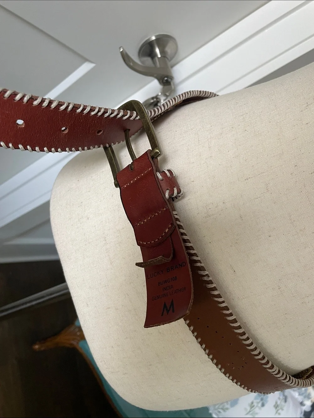 Lucky Brand Brown Leather Belt with Embroidered Leaf Detail